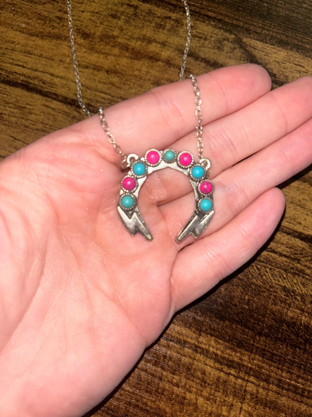 Western Silver Necklace with Pink and Turquoise Stones